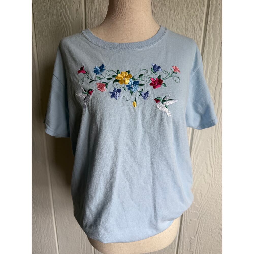 Embroidered Hummingbird Floral Tee Blue Cotton Cottagecore Shirt Womens L